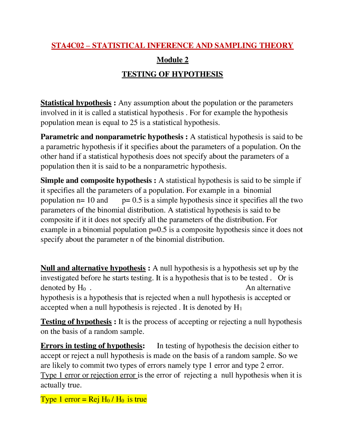 statistical hypothesis notes