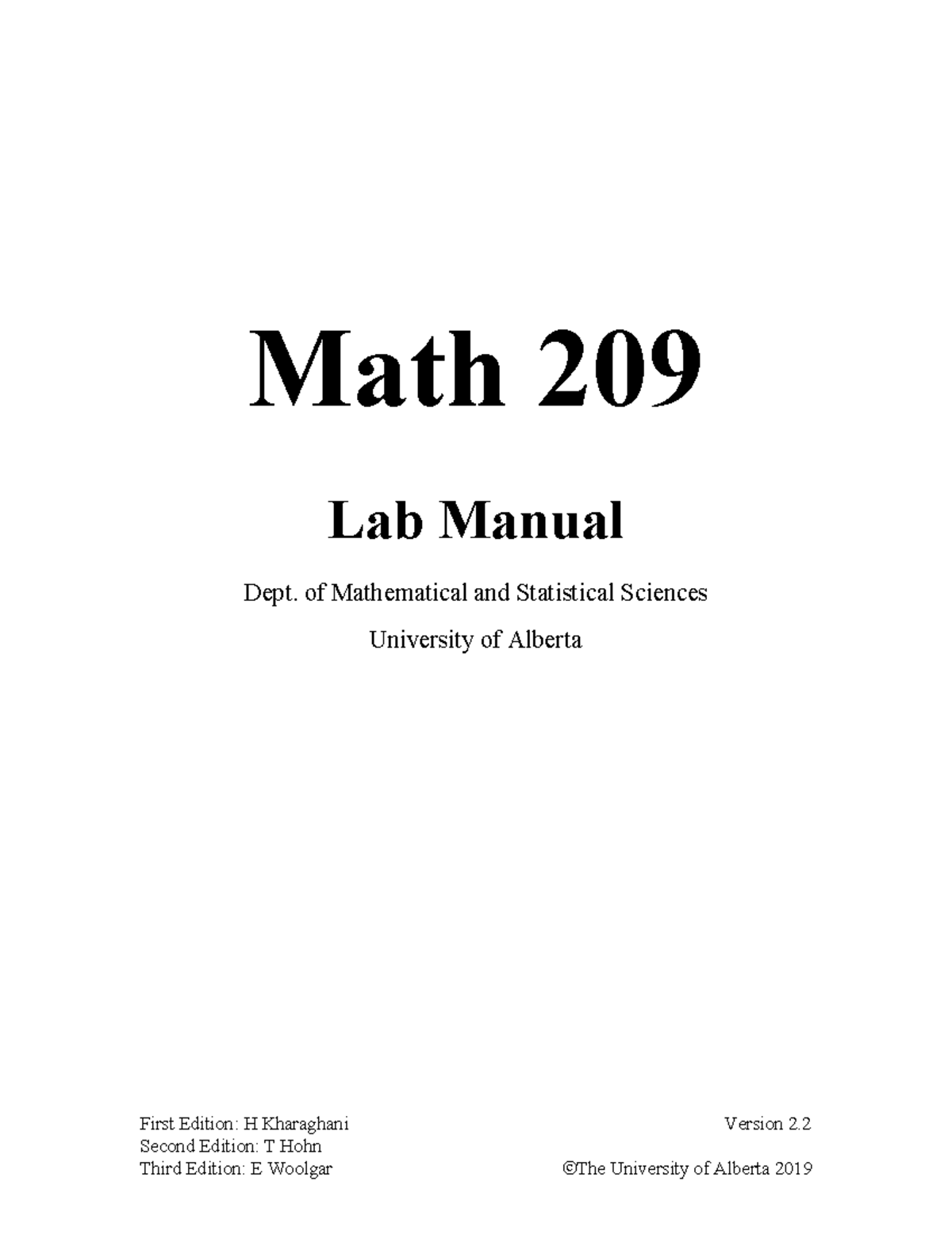 Lab Manual Math 209 First Edition H Kharaghani Version 2. Second