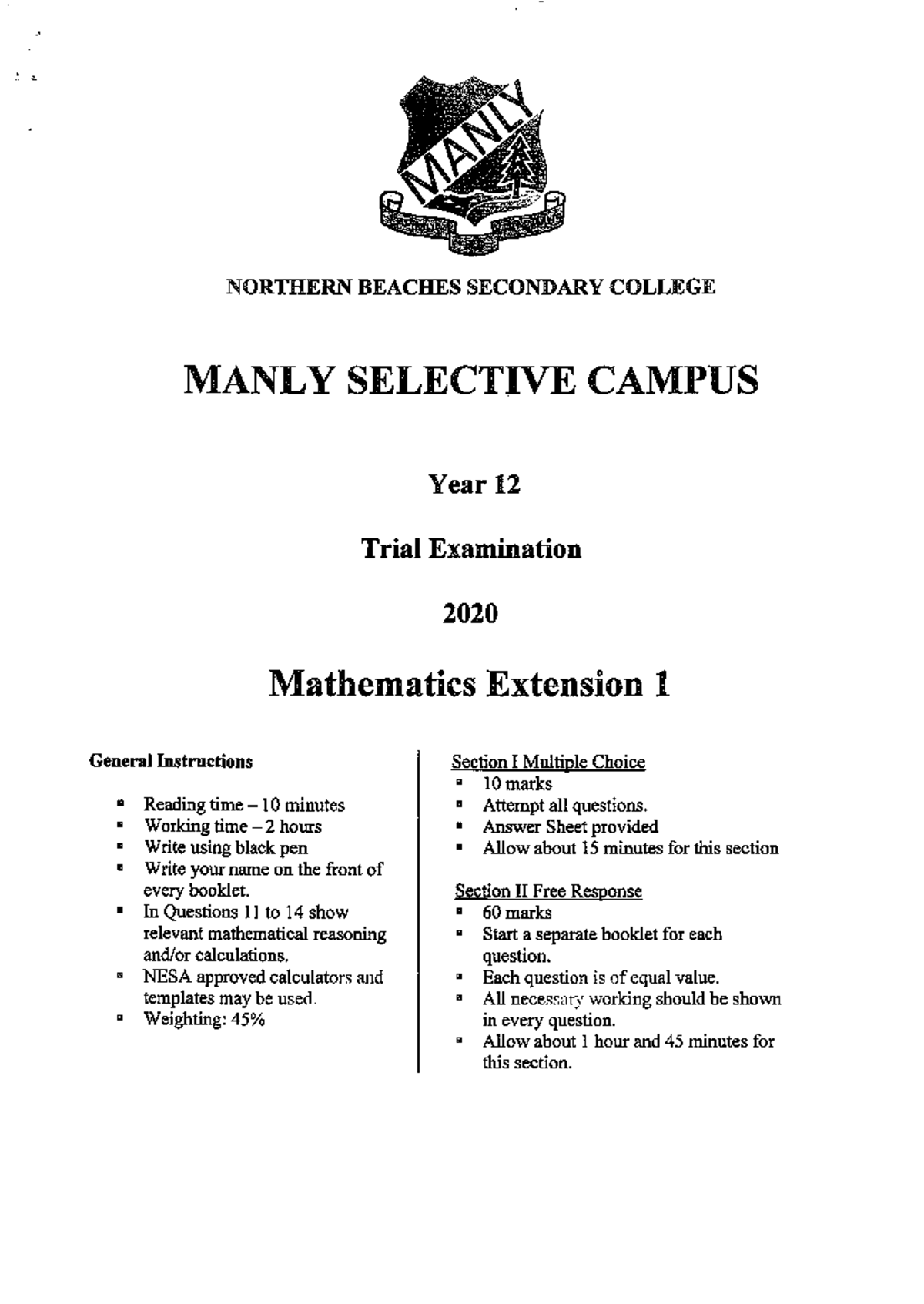 2020 3U - Manly - Trial Paper (with Solutions) - MATH1004 - Studocu