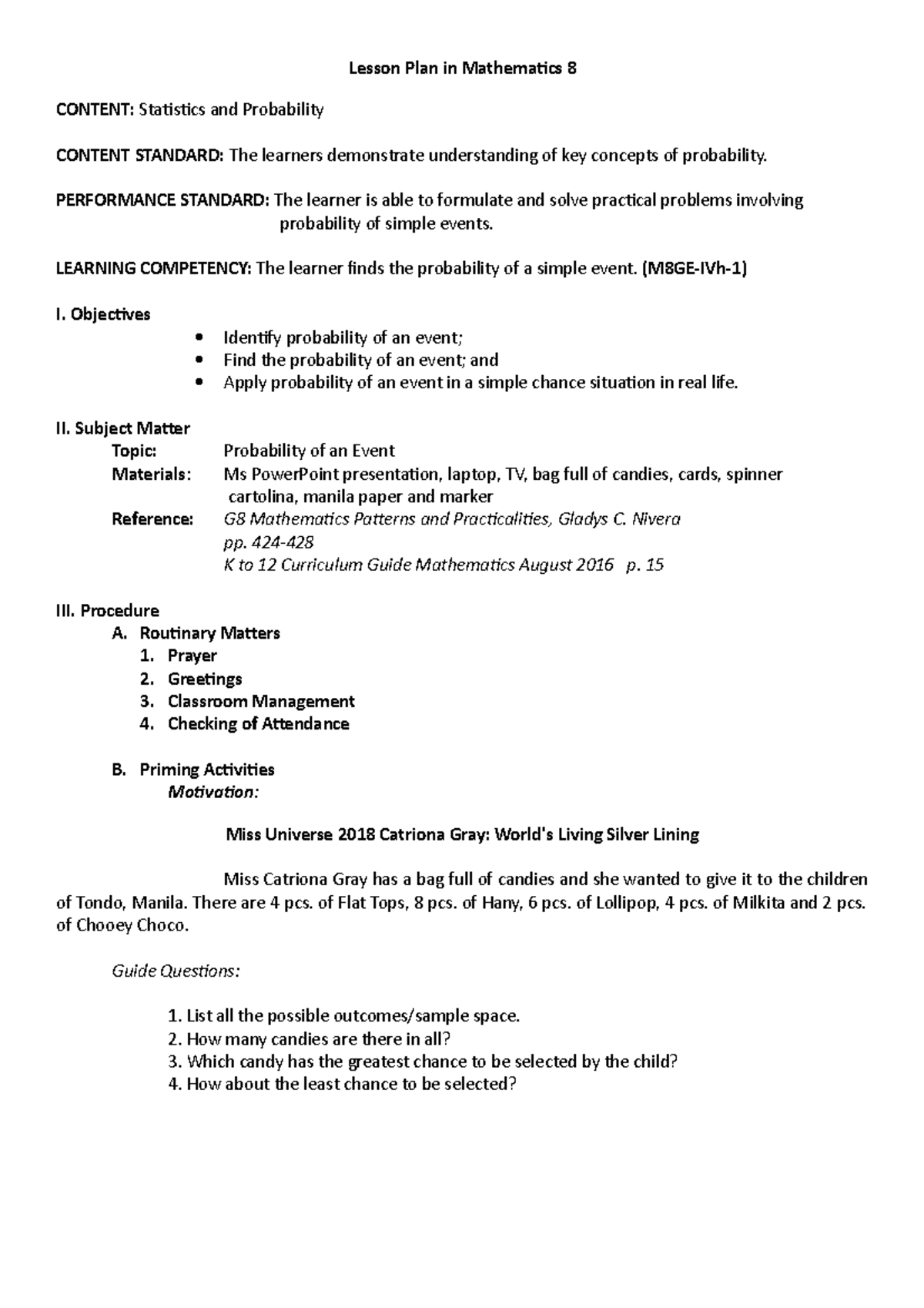 LP March 4 - plan lesson - Lesson Plan in Mathematics 8 CONTENT ...