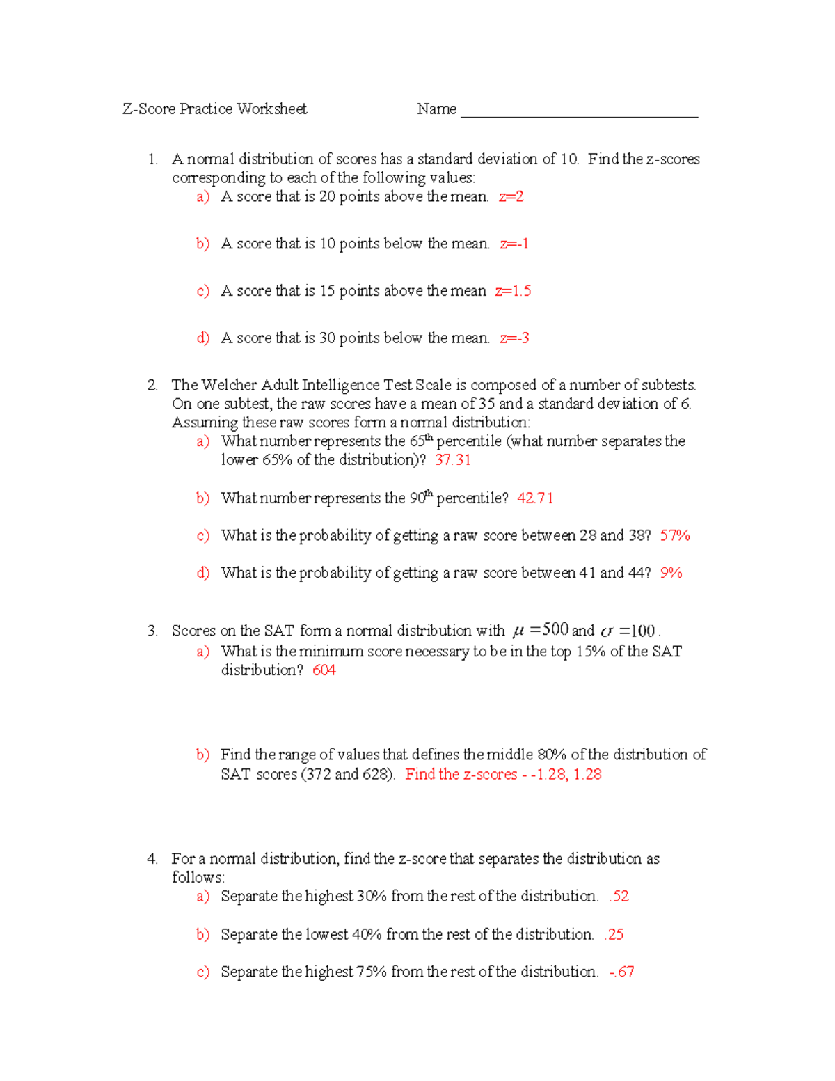 Z-score worksheet solutions - Z-Score Practice Worksheet Name