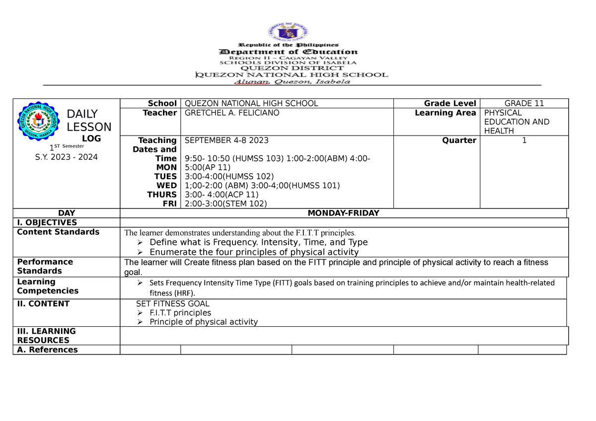 Daily- Lesson-LOG-week-2-Q1-P.E-11 - Copy - DAILY LESSON LOG 1 ST ...