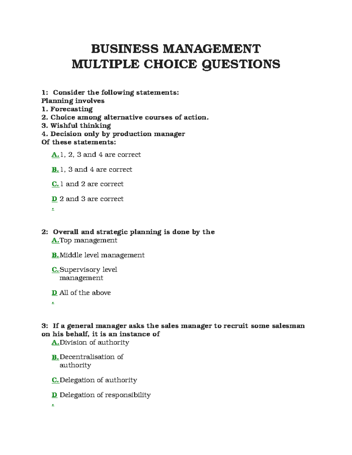 Business Management Multiple Choice QUES - BUSINESS MANAGEMENT MULTIPLE ...