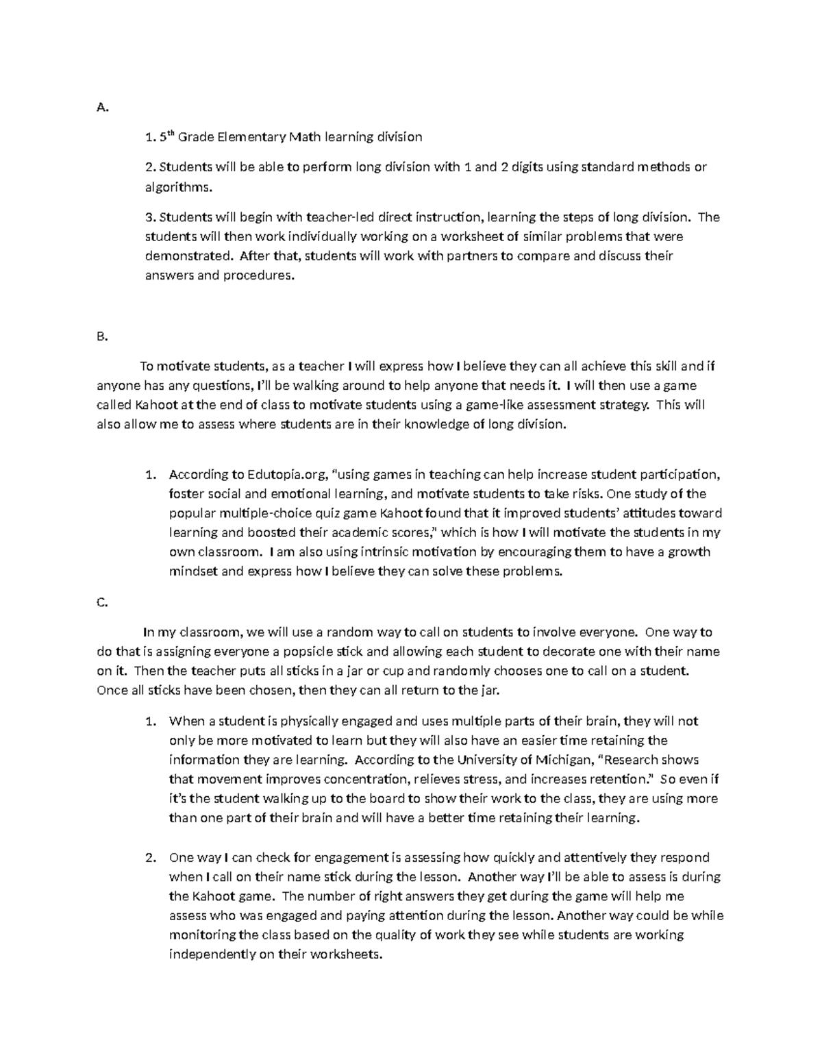 D170 Task 4 - A. 5th Grade Elementary Math Learning Division Students ...