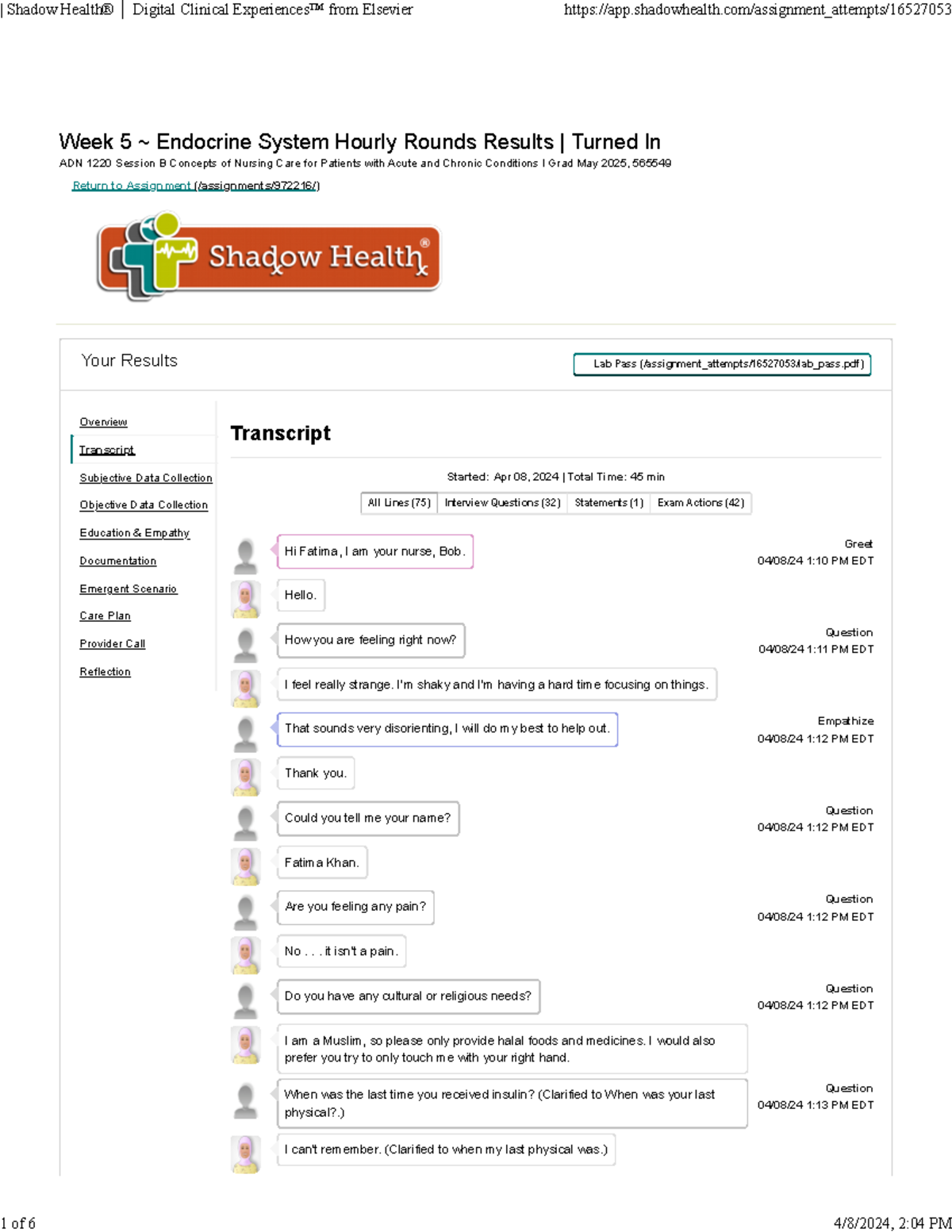 Shadow Health Endocrine Week 5 Endocrine System Hourly Rounds
