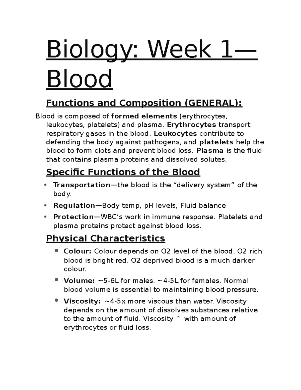 Biology 111 Notes - Biology: Week 1— Blood Functions and Composition ...