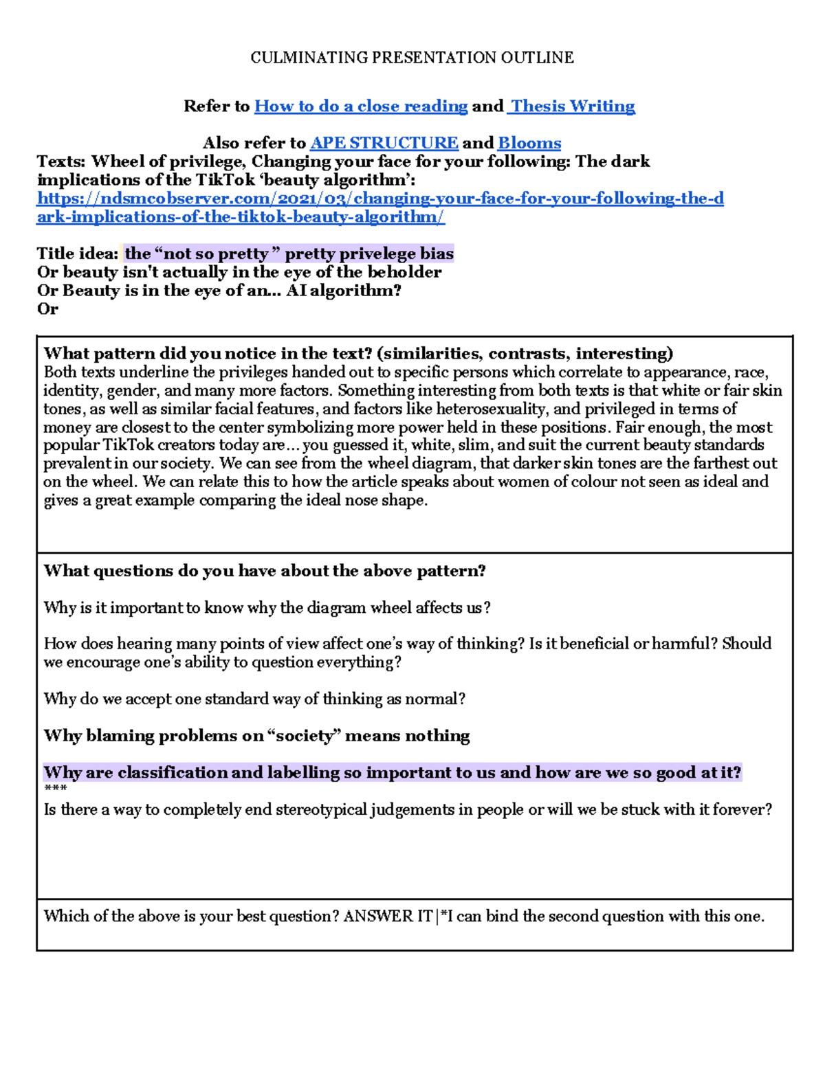 Copy of Culminating Outline khadija - Refer toHow to do a close ...