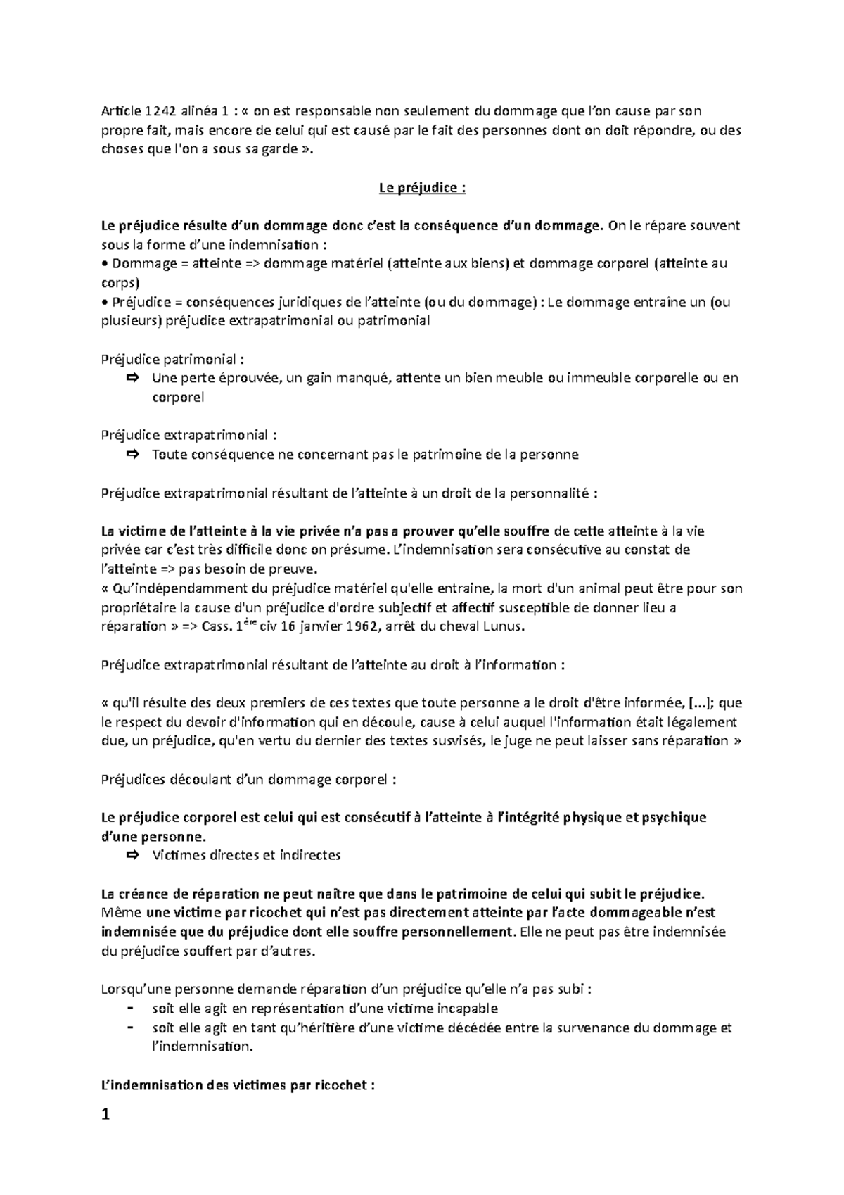 Fiche Résponsabilité civile Article 1242 alinéa 1 « on est responsable non seulement du Fiche Résponsabilité civile Article 1242 alinéa 1 « on est responsable non seulement du