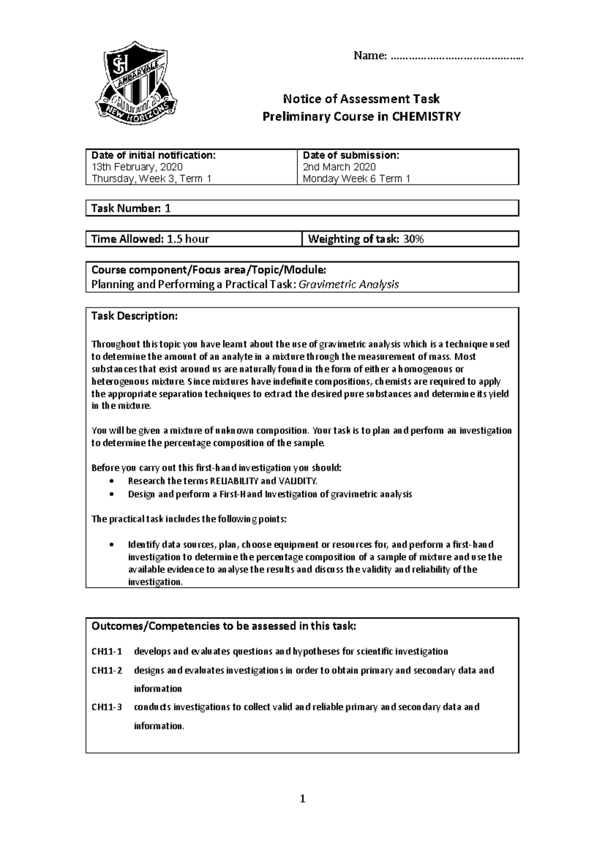 Practical Task Chemistry 2020 - Notice of Assessment Task Preliminary ...