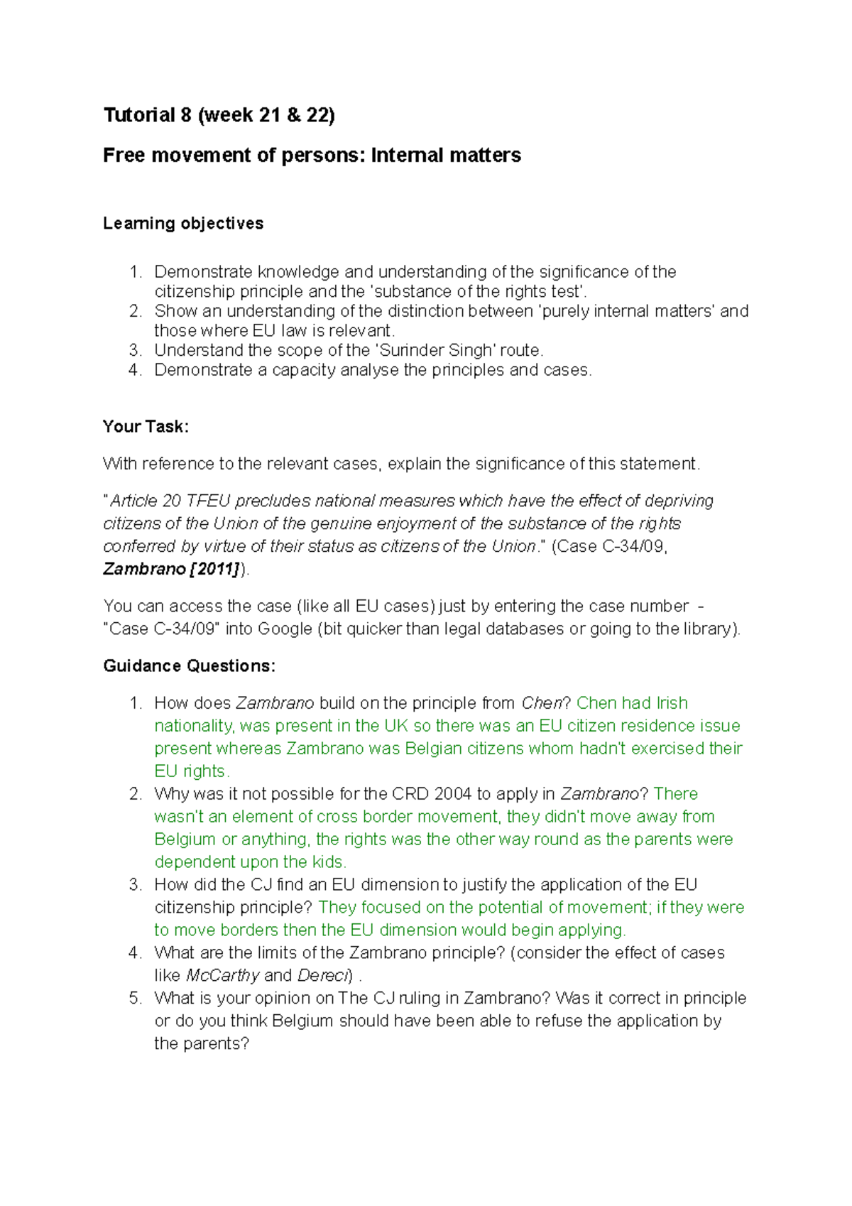 Tutorial Week 8 - Tutorial 8 (week 21 & 22) Free movement of persons ...