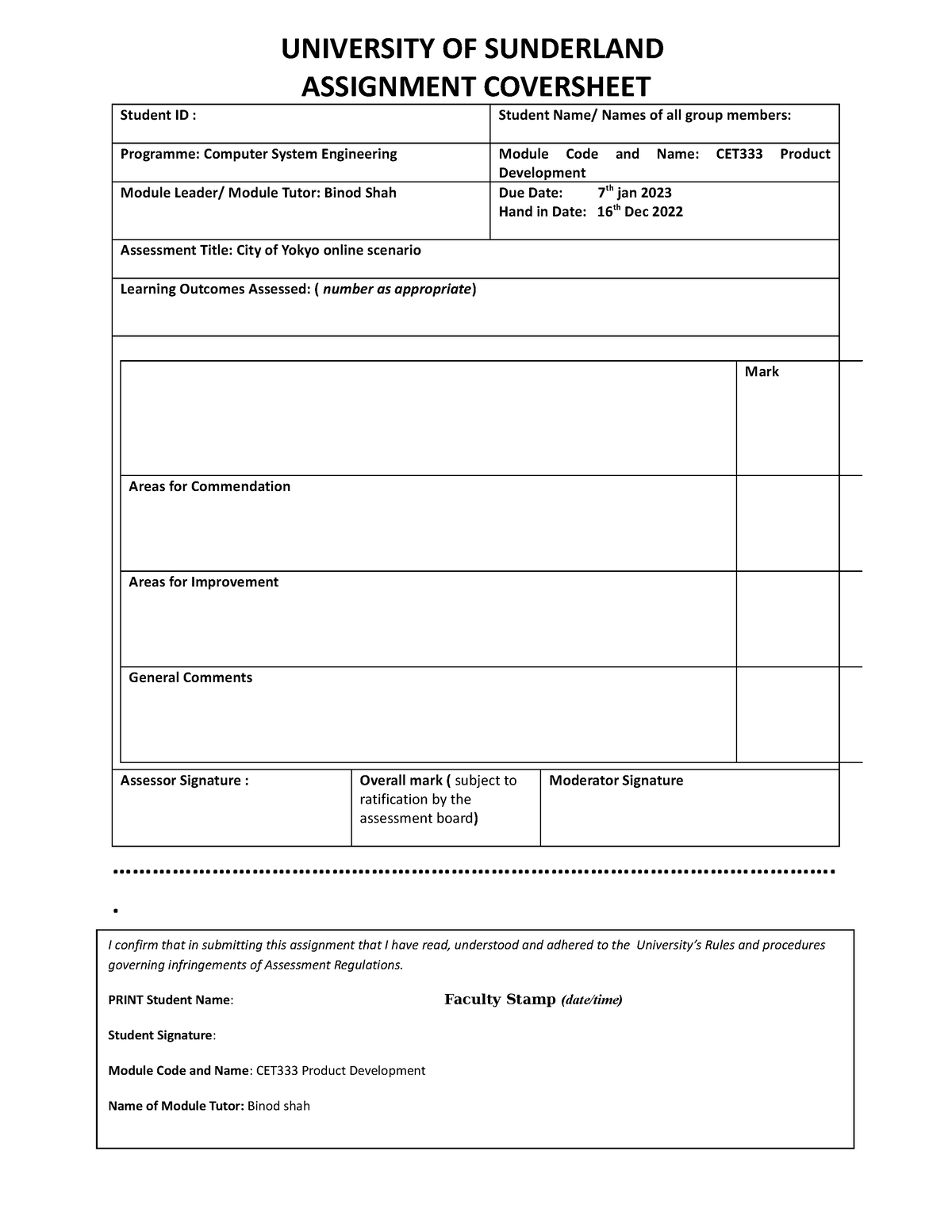 university of sunderland assignment cover sheet