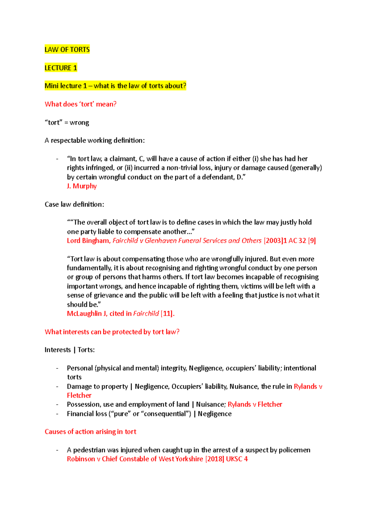 Law of tort - Lecture notes 1-10 - LAW OF TORTS LECTURE 1 Mini lecture ...