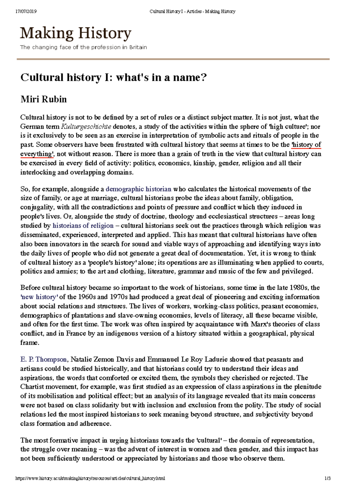 Cultural History I - Articles - Making History - - Studocu