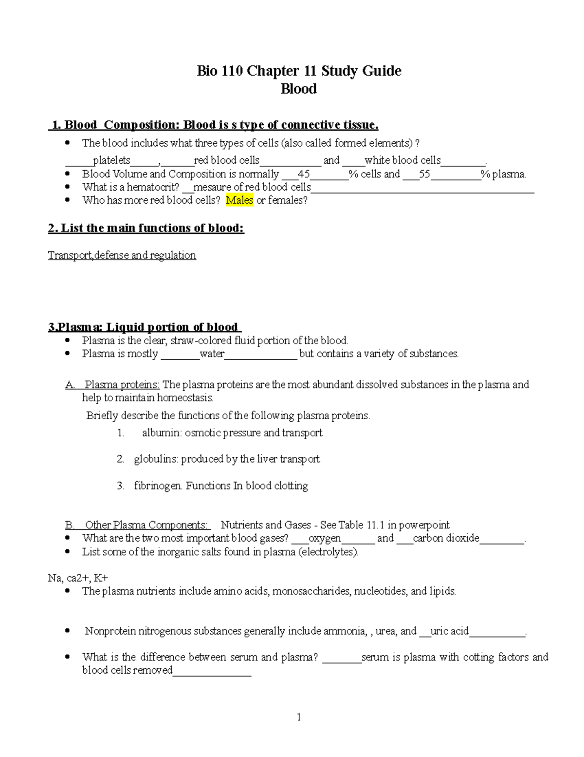 Bio 110 Chapter 11 - Blood - Bio 110 Chapter 11 Study Guide Blood 1 ...