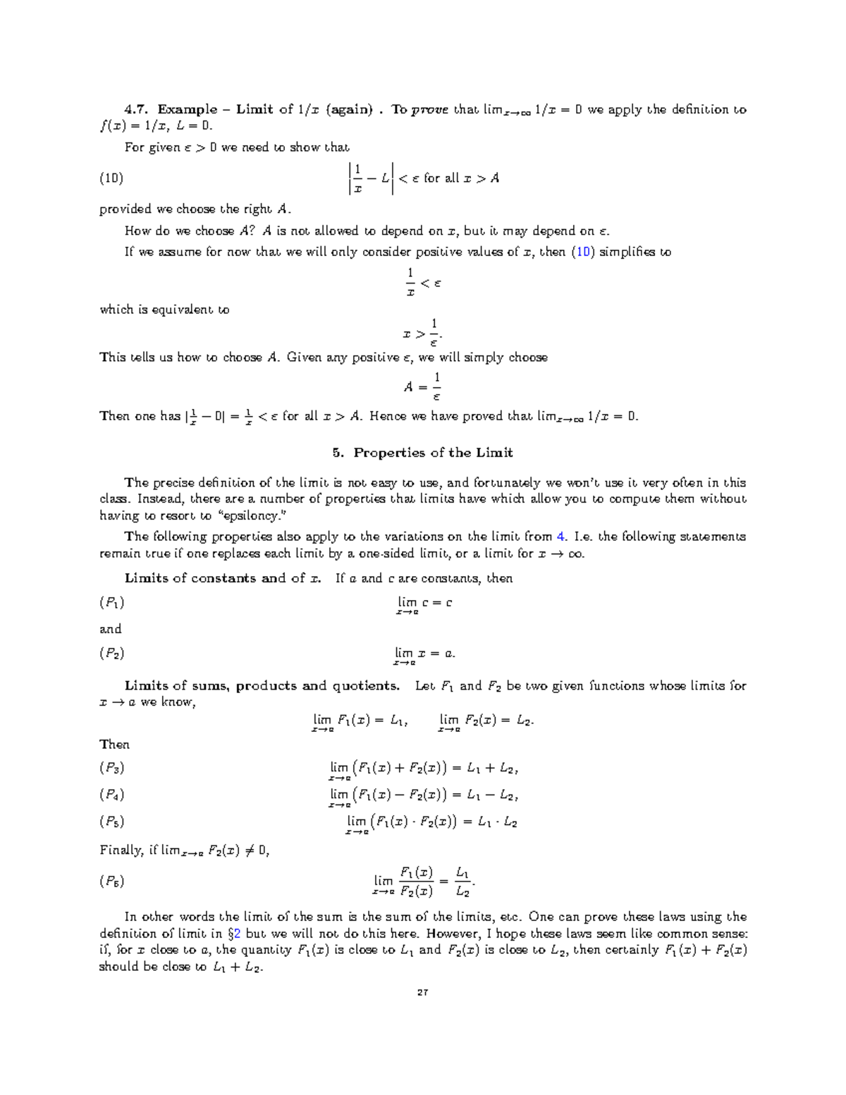 Math Calculus (14) - n/a - Example – Limit of 1 /x (again). To prove ...