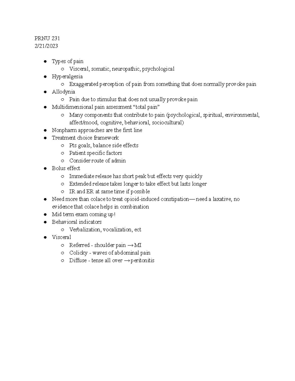 PRNU 231 2 21 2023 - Lecture notes from PRNU 231 on pain and case ...