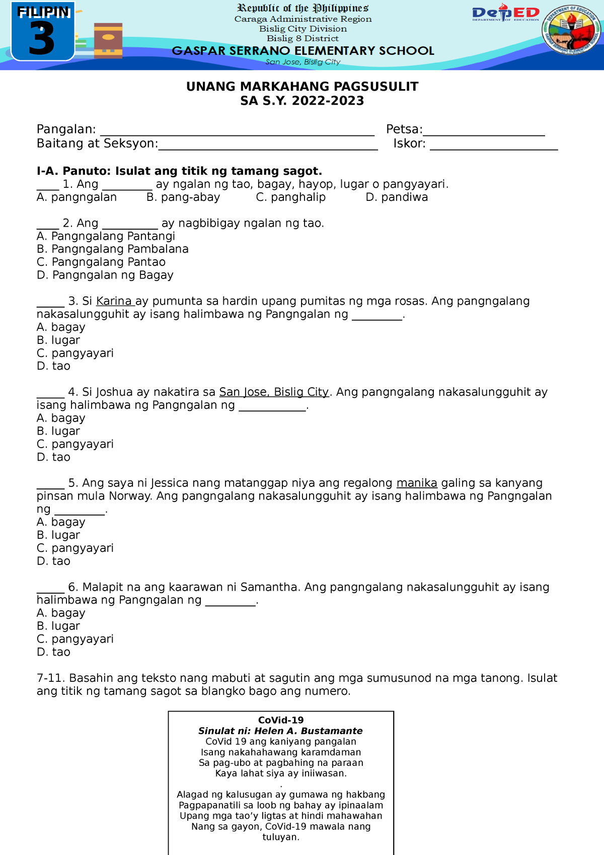 Q1 PT Filipino - Quarterly Assessment - UNANG MARKAHANG PAGSUSULIT SA S ...