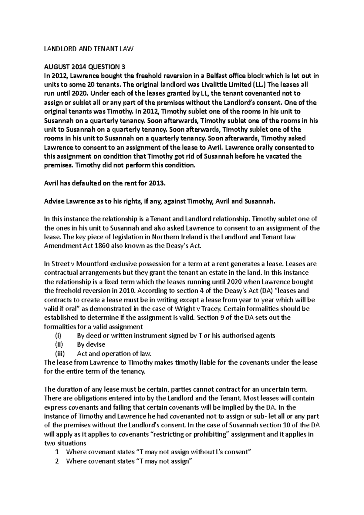 Sample/practice exam - LANDLORD AND TENANT LAW AUGUST 2014 QUESTION 3 ...