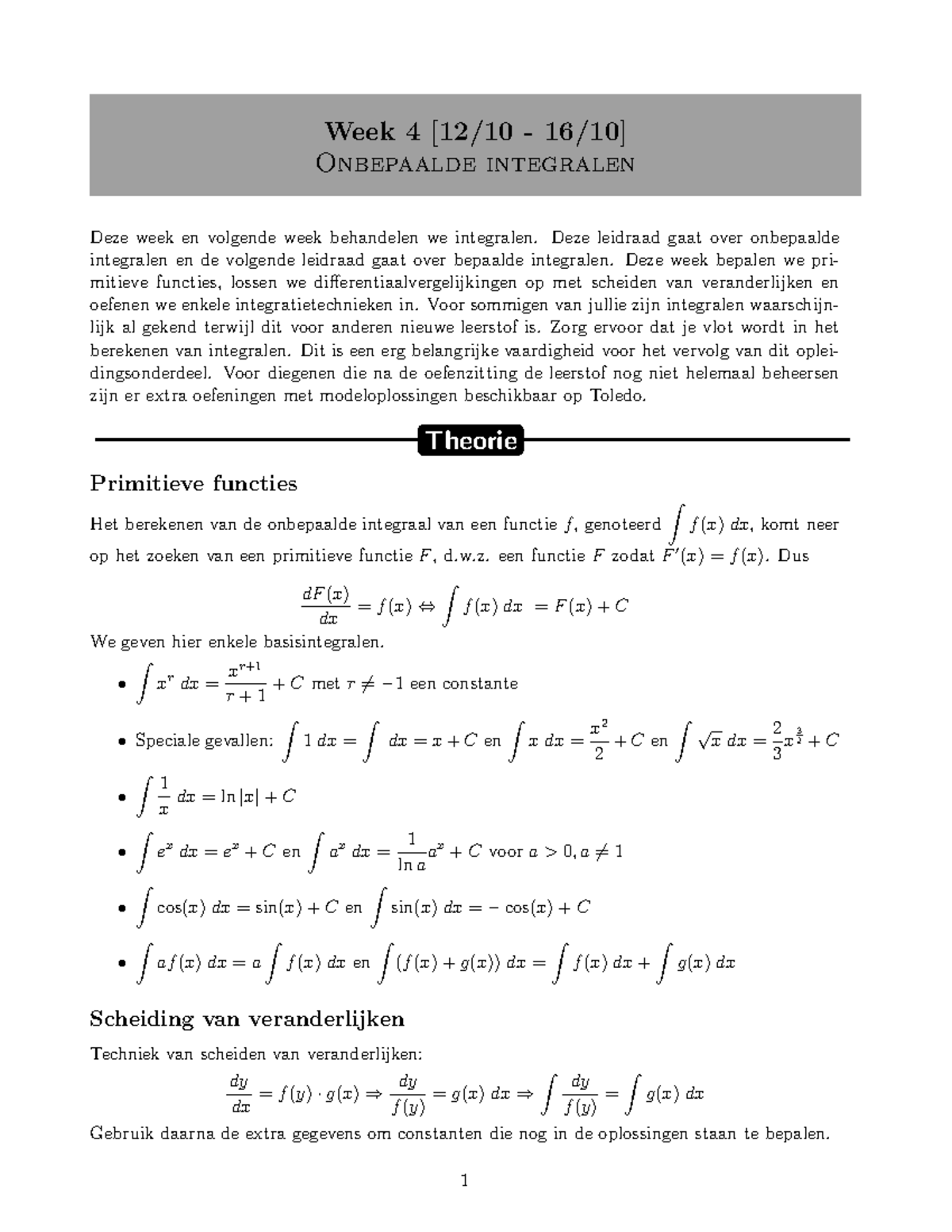 Leidraad Week 4 - Oefeningen Week 4: Onbepaalde Integralen - Week 4 [12 ...