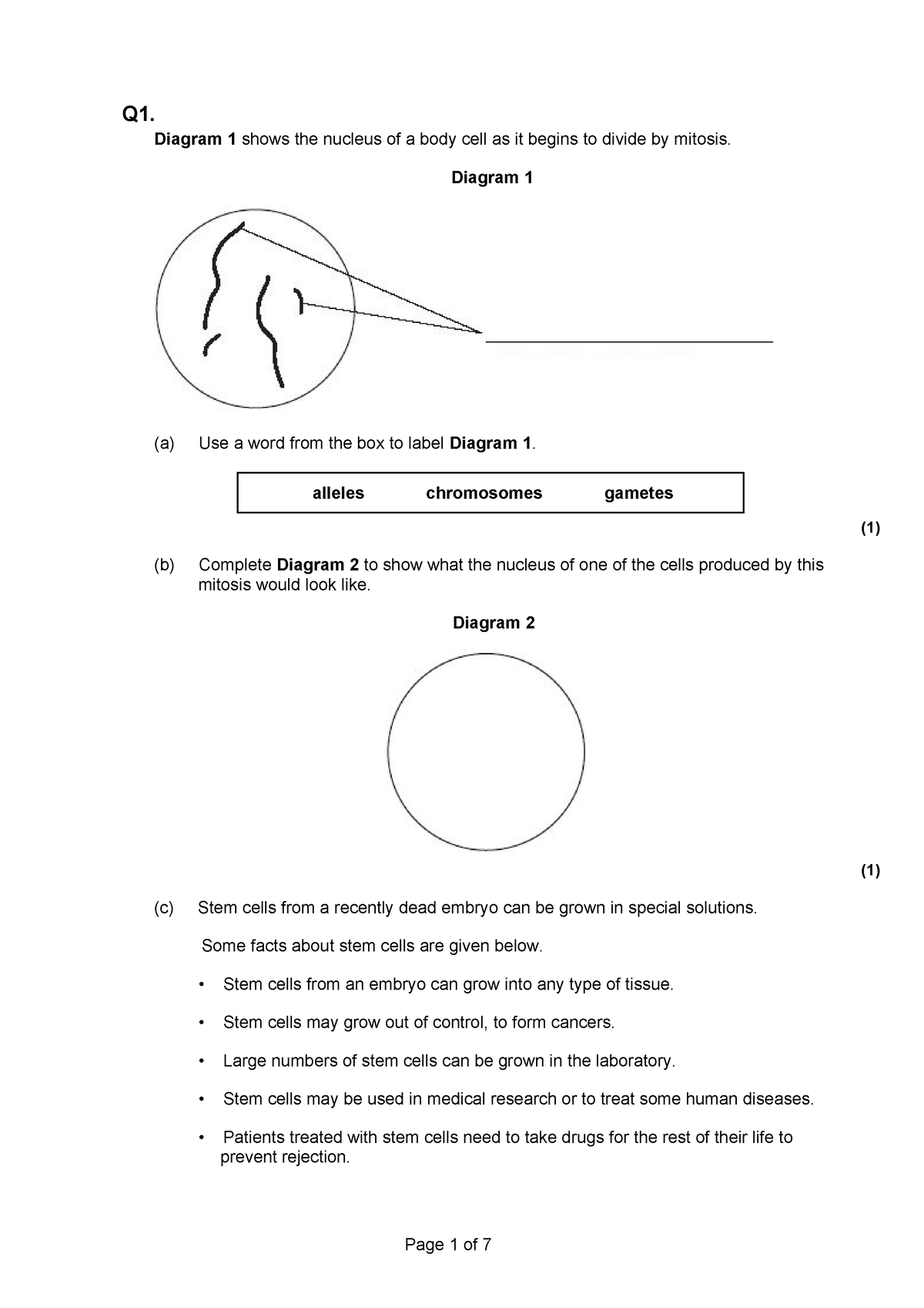 Mitosis And Stem Cells - Q1. Diagram 1 Shows The Nucleus Of A Body Cell 