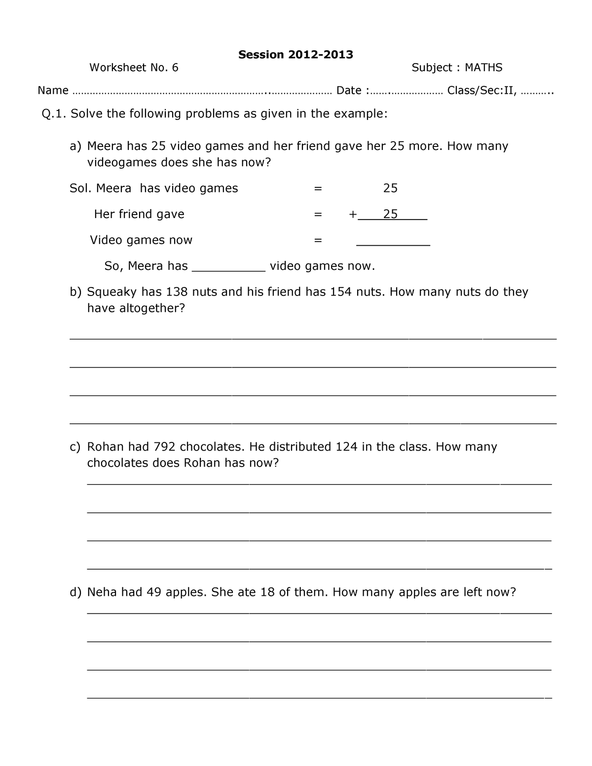 CBSE Class 2 Maths Practice Worksheet - Worksheet No. 6 Session 2012 ...