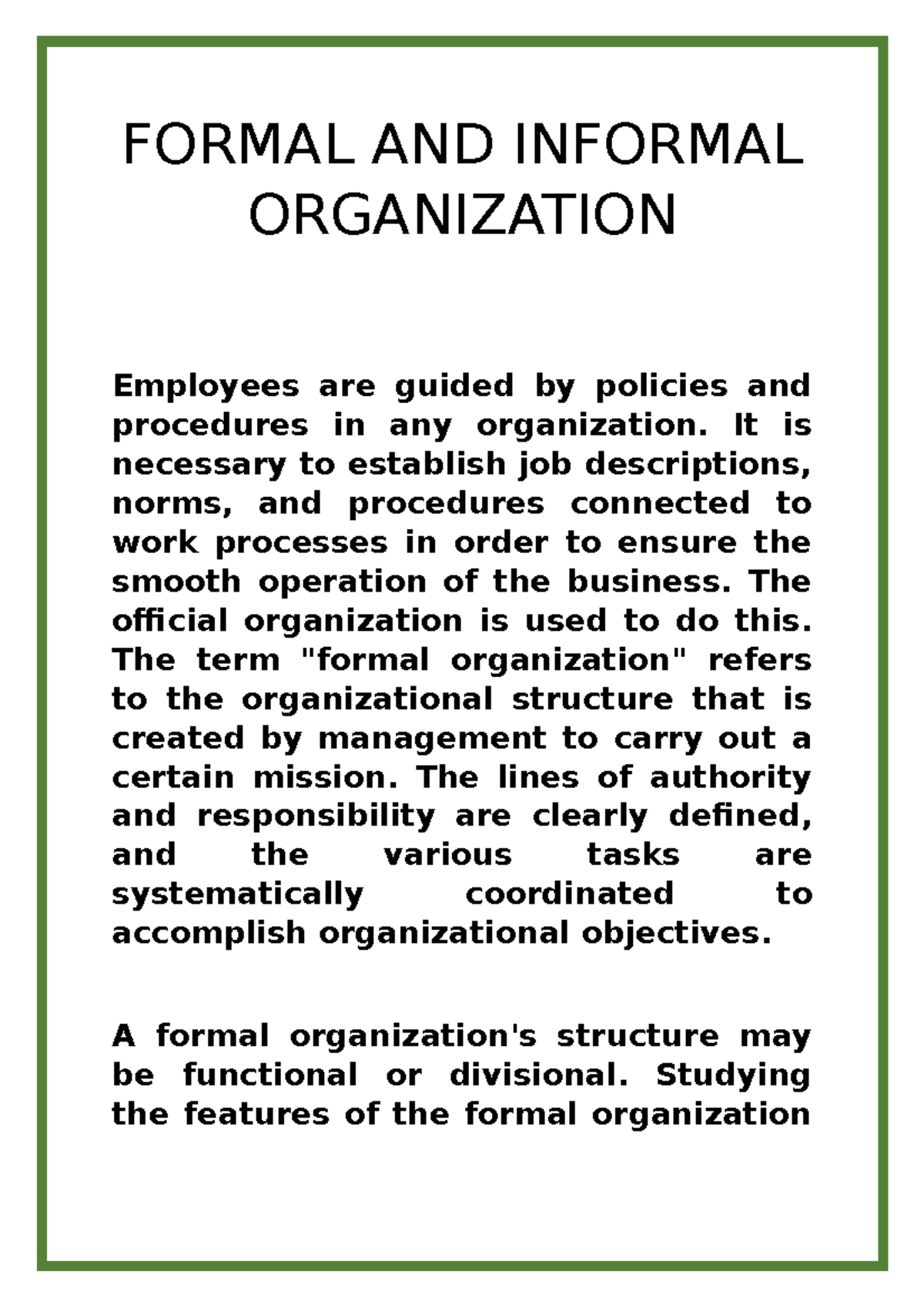 essay about informal organization