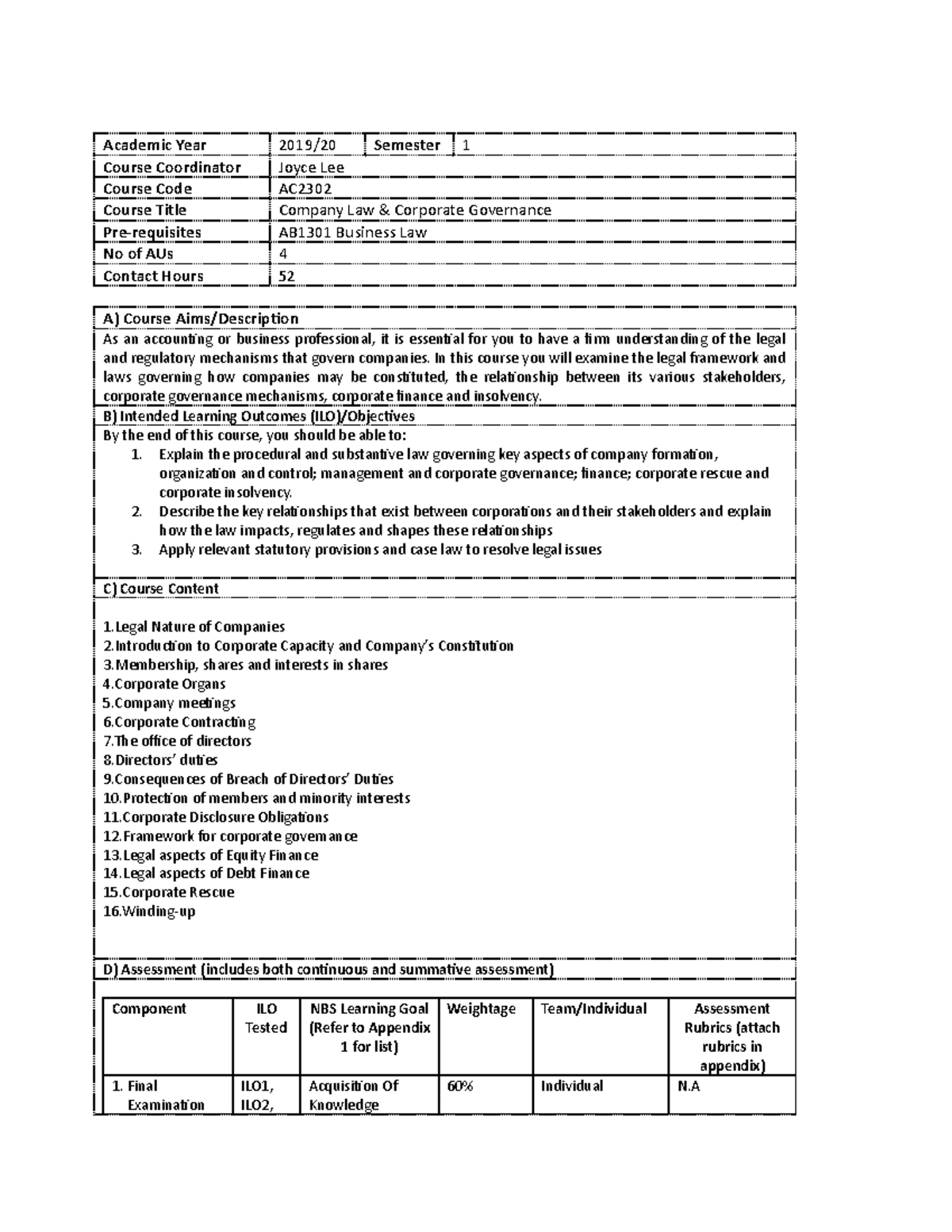 AC2302 Course Outline - Academic Year 2019/20 Semester 1 Course ...