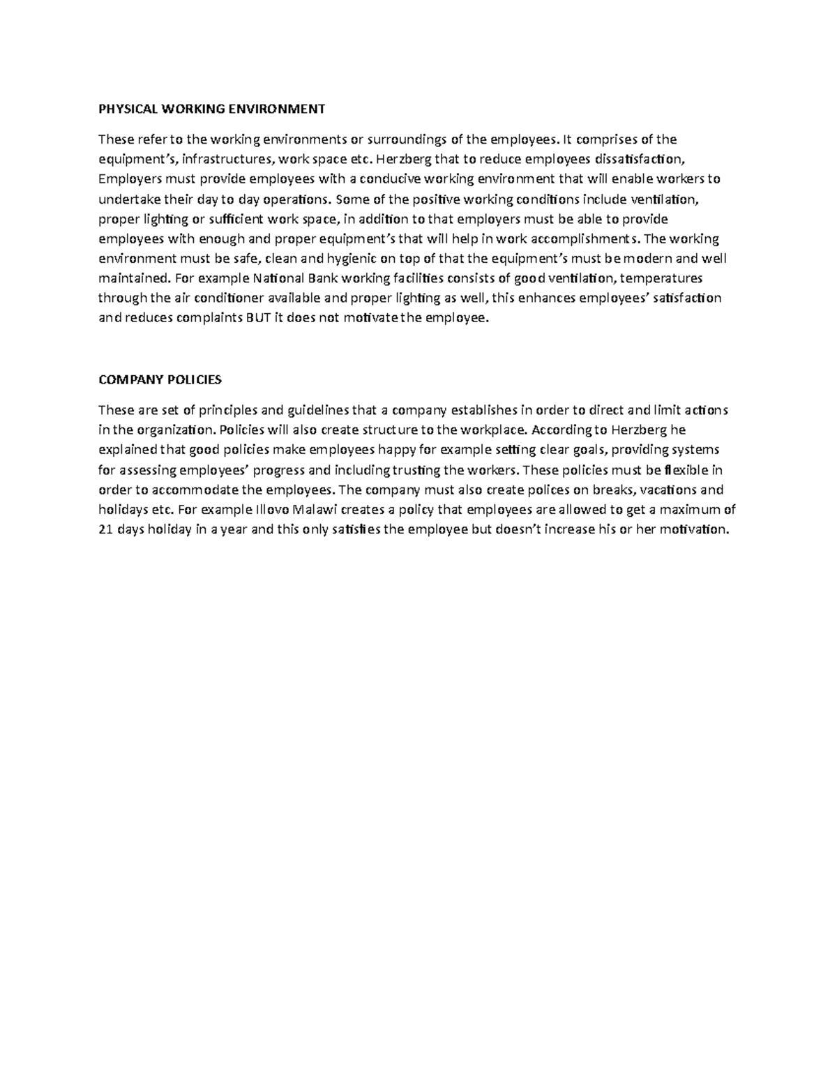 Physical Working Environment and Company policies - PHYSICAL WORKING ...