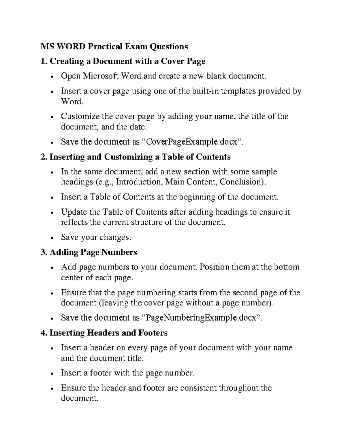 MS WORD Practical Exam Questions - Creating a Document with a Cover ...