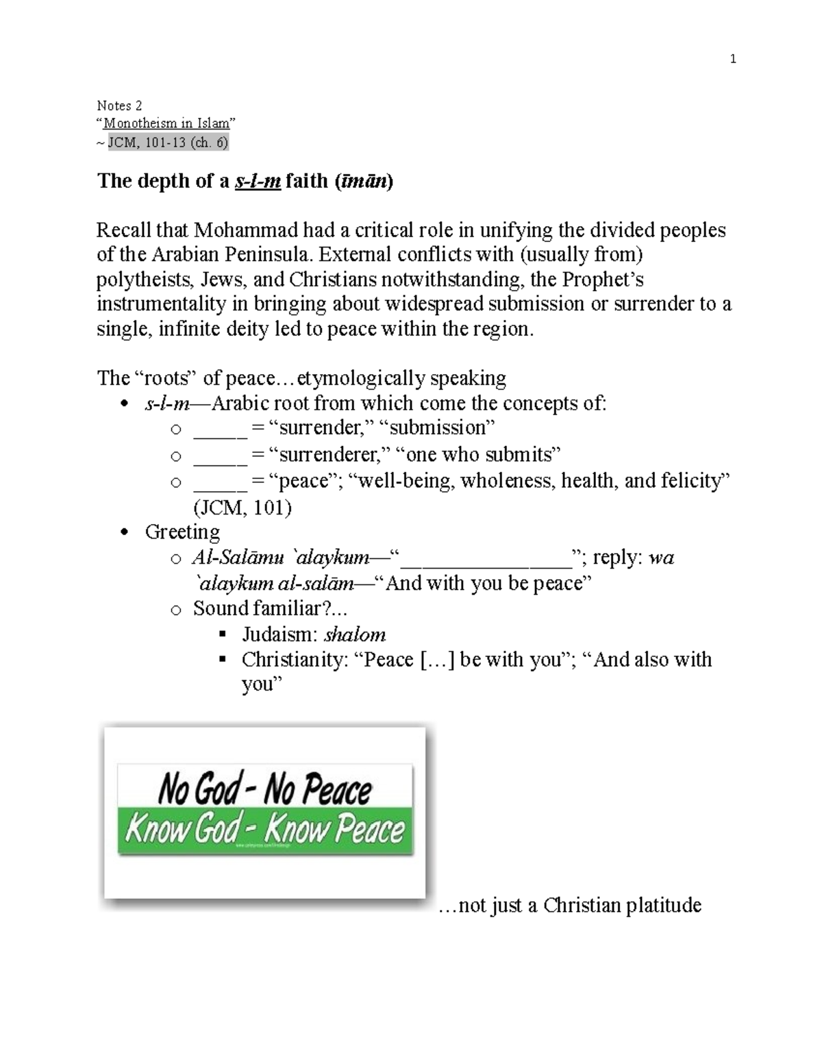 Notes 2-Monotheism in Islam - Notes 2 “Monotheism in Islam” ~ JCM, 101 ...