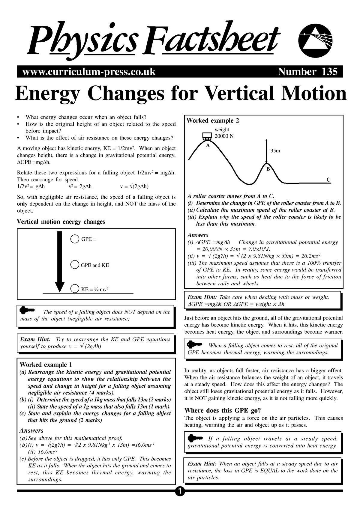 135-energy-change-vert-motion-1-energy-changes-for-vertical-motion