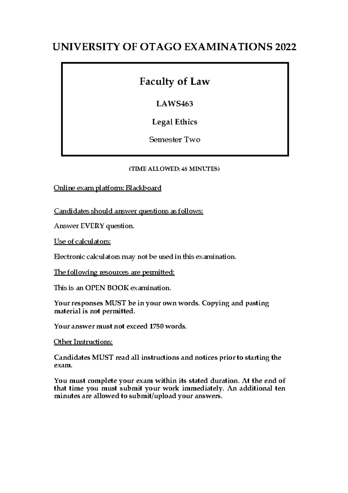2022 LAWS463 Terms Test UNIVERSITY OF OTAGO EXAMINATIONS 2022 Faculty