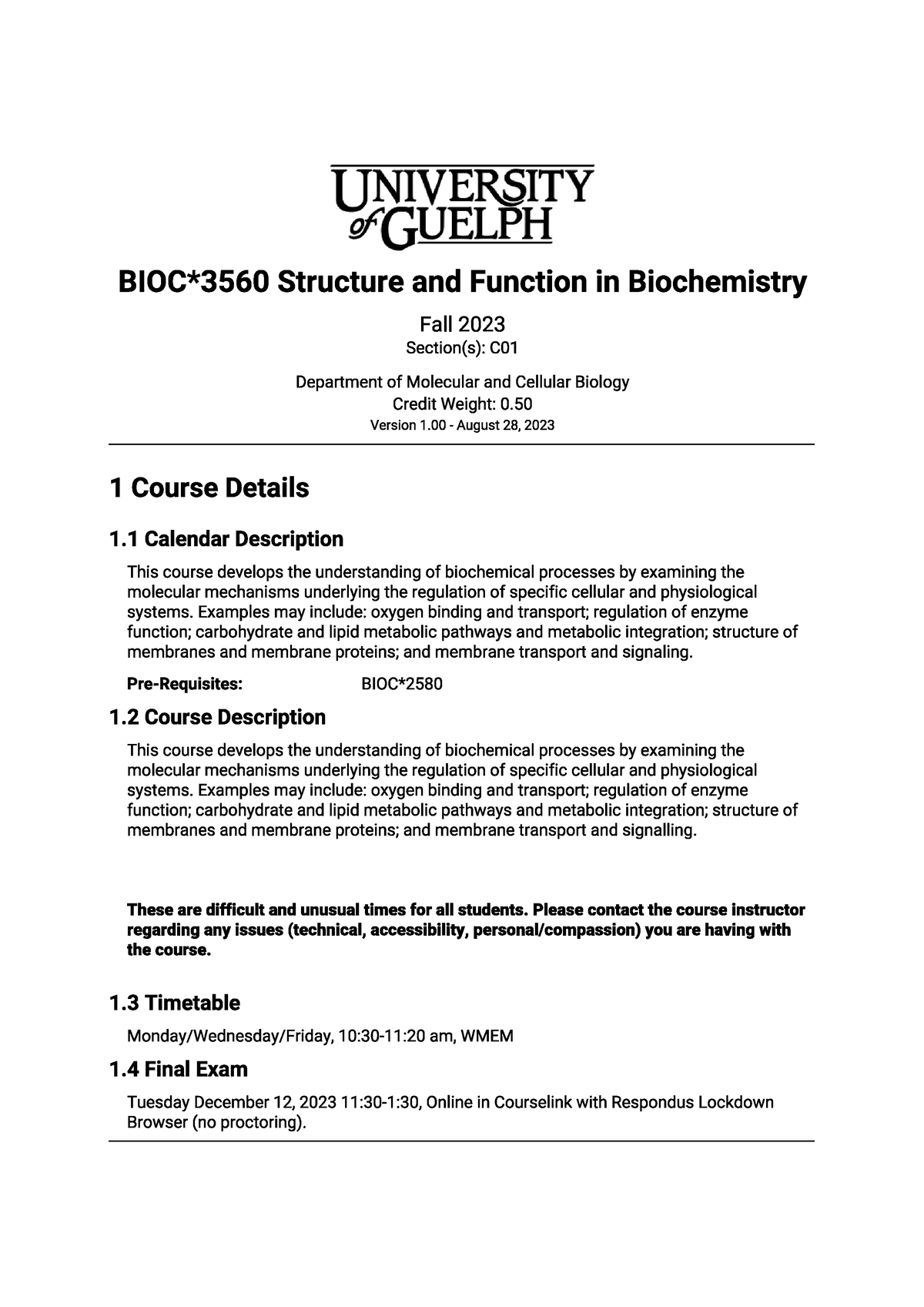 Course Outline - BIOC 3560 - Studocu