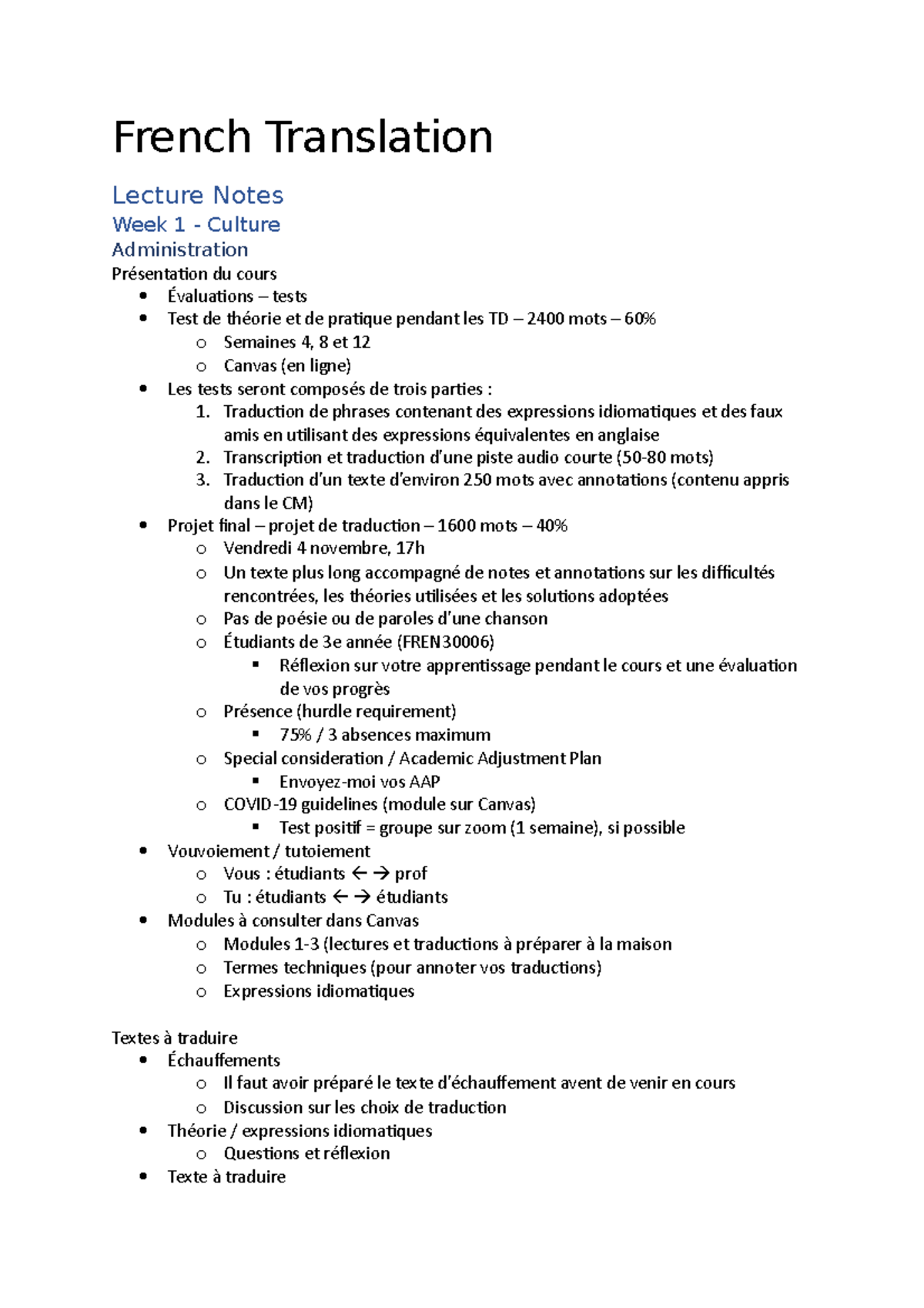 French Translation Notes French Translation Lecture Notes Week 1