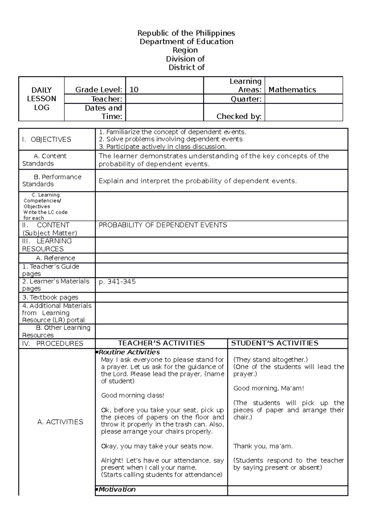 dependent-events-daily-lesson-log-grade-level-10-learning-areas