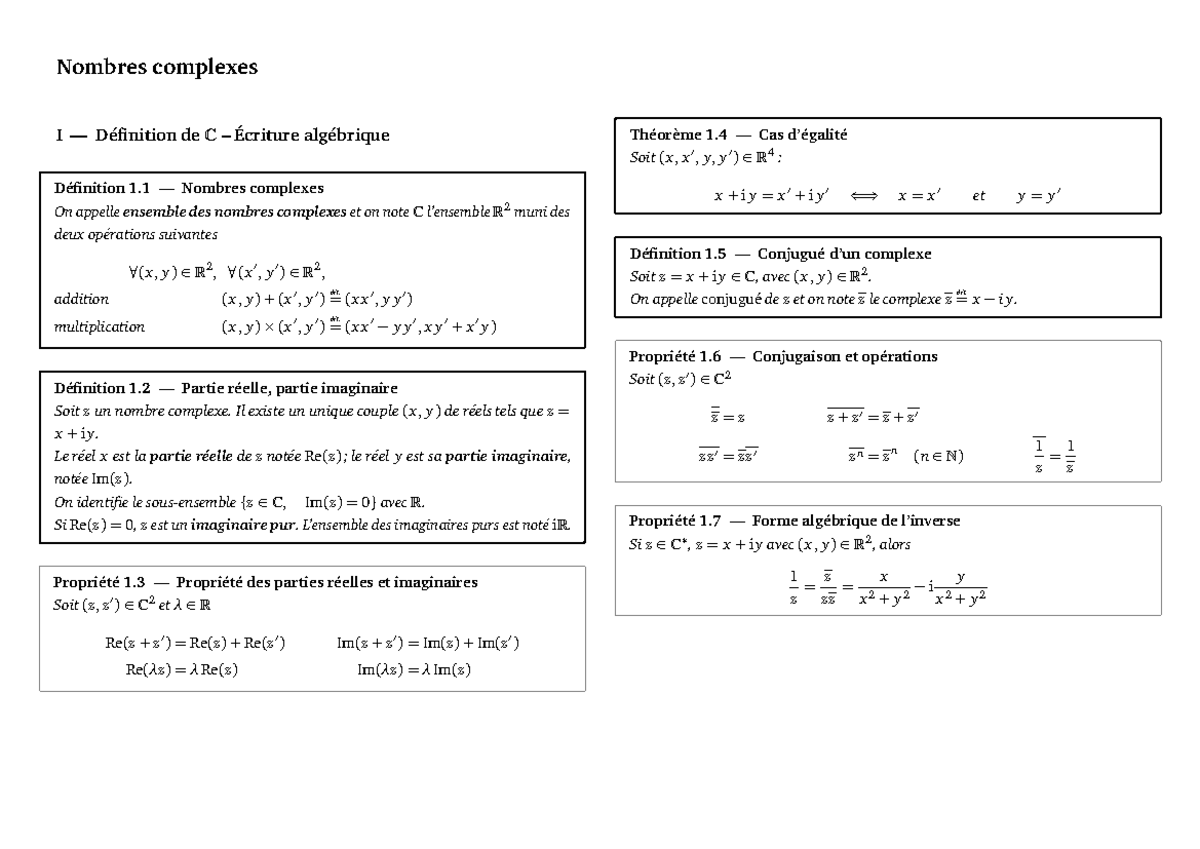 Nombres complexe - x x′, y y′) multiplication (x, y) × (x′, y′) = (déf ...
