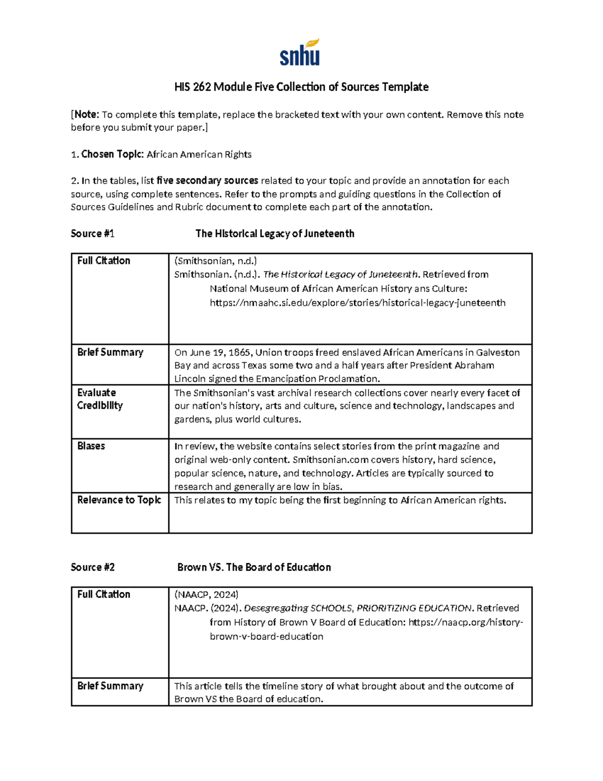 HIS 262 Module Five Collection of Sources - Remove this note before you ...