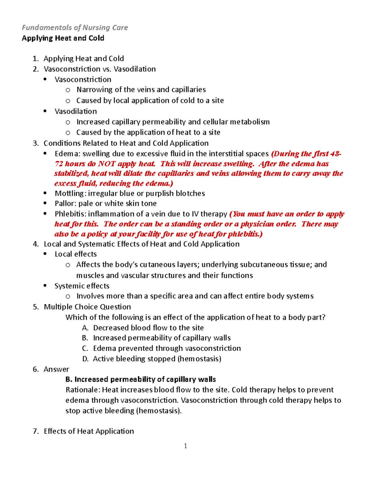 Applying Heat and Cold notes Fundamentals of Nursing Care Applying