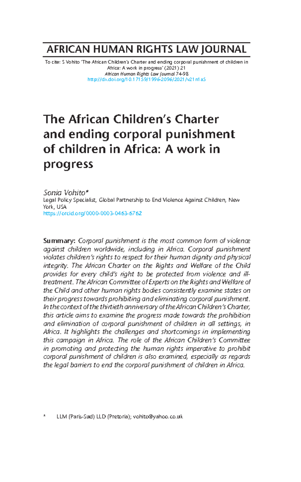 The African Children’s Charter and ending corporal punishment of ...