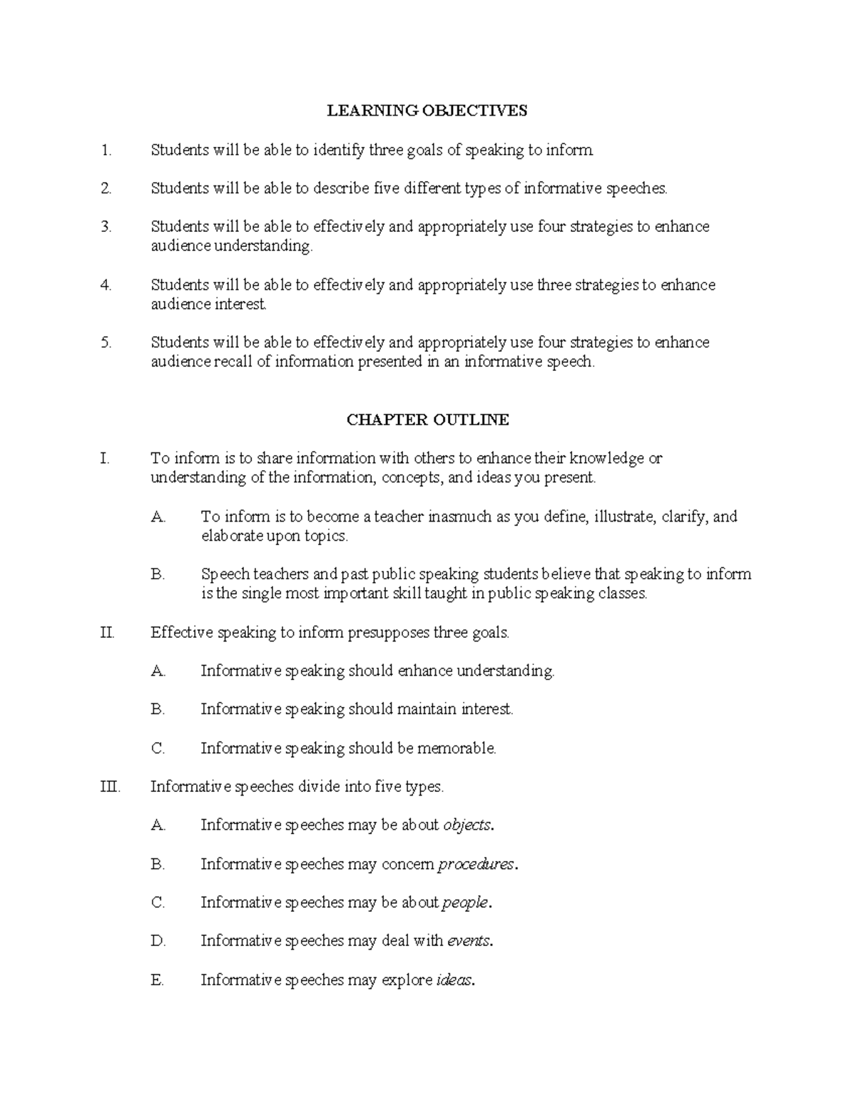 Notes Ch. 15 Public Speaking - LEARNING OBJECTIVES Students will be ...