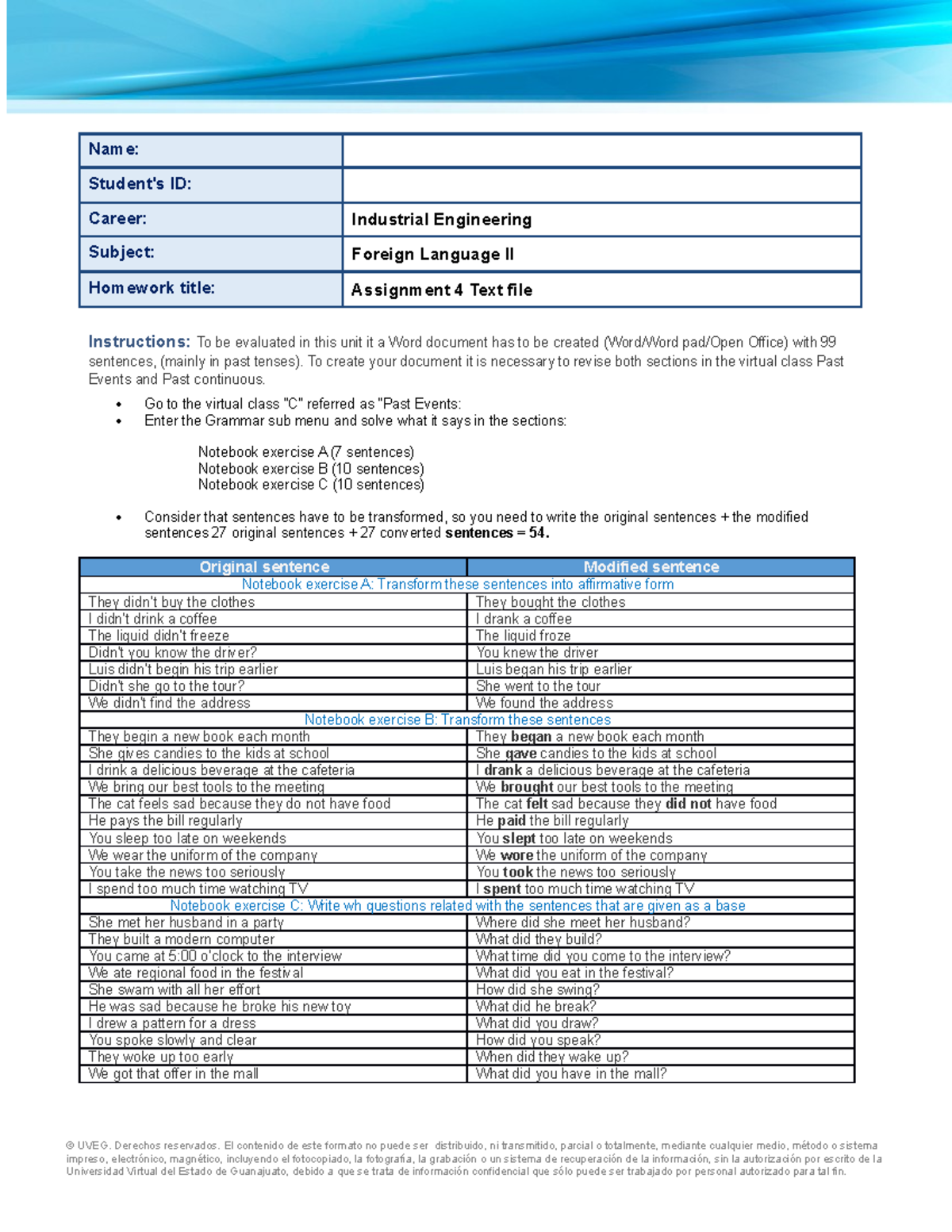 Foreign Language II U2 Asigment 4 Text file - Name: Student's ID ...