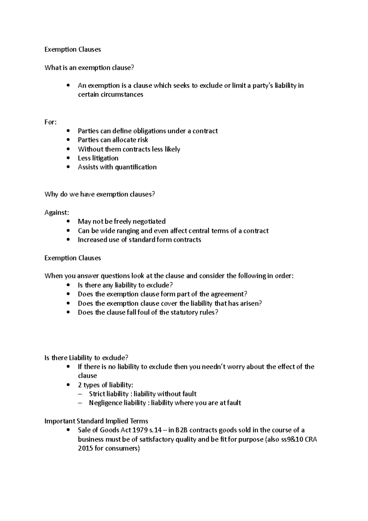 Contract Summary - Exemption Clauses What is an exemption clause? An ...