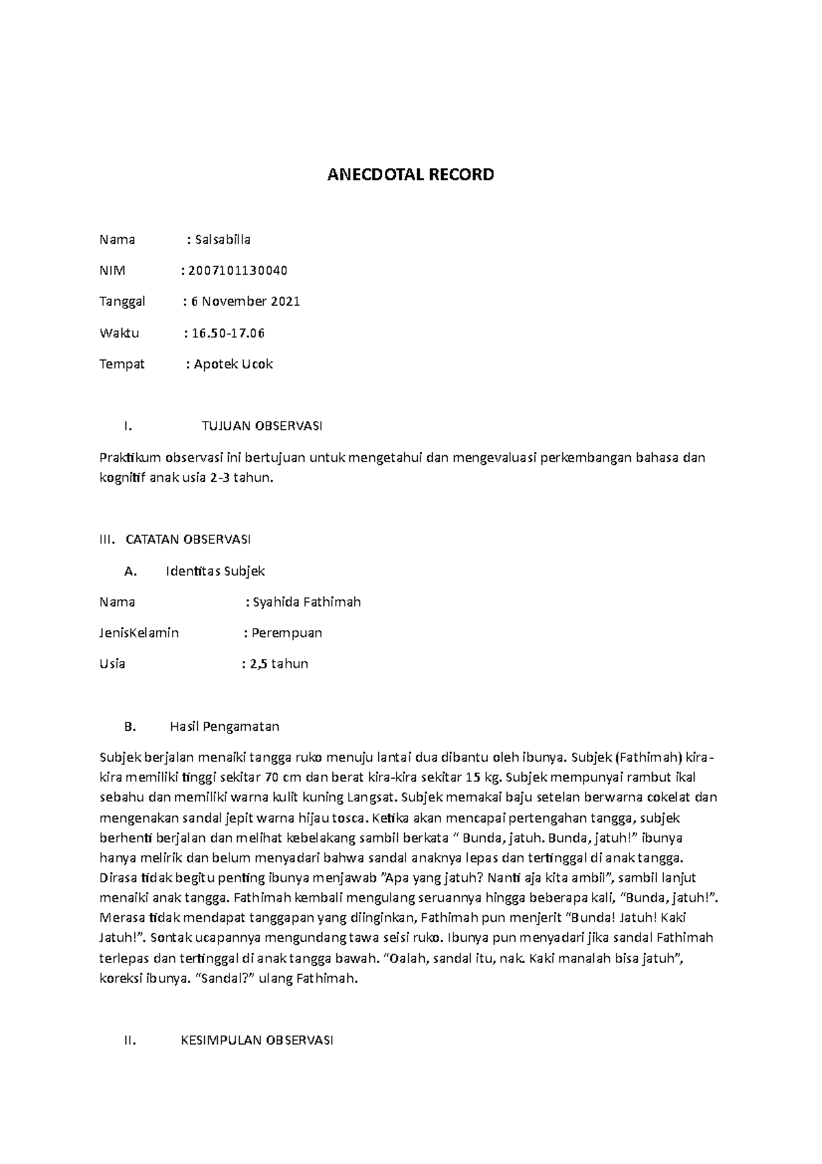Anecdotal Record Anecdotal Record Nama Salsabilla Nim 2007101130040 Tanggal 6 November