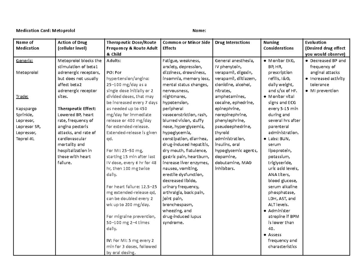 Metoprolol Medication Card - Medication Card: Metoprolol Name: Name of ...