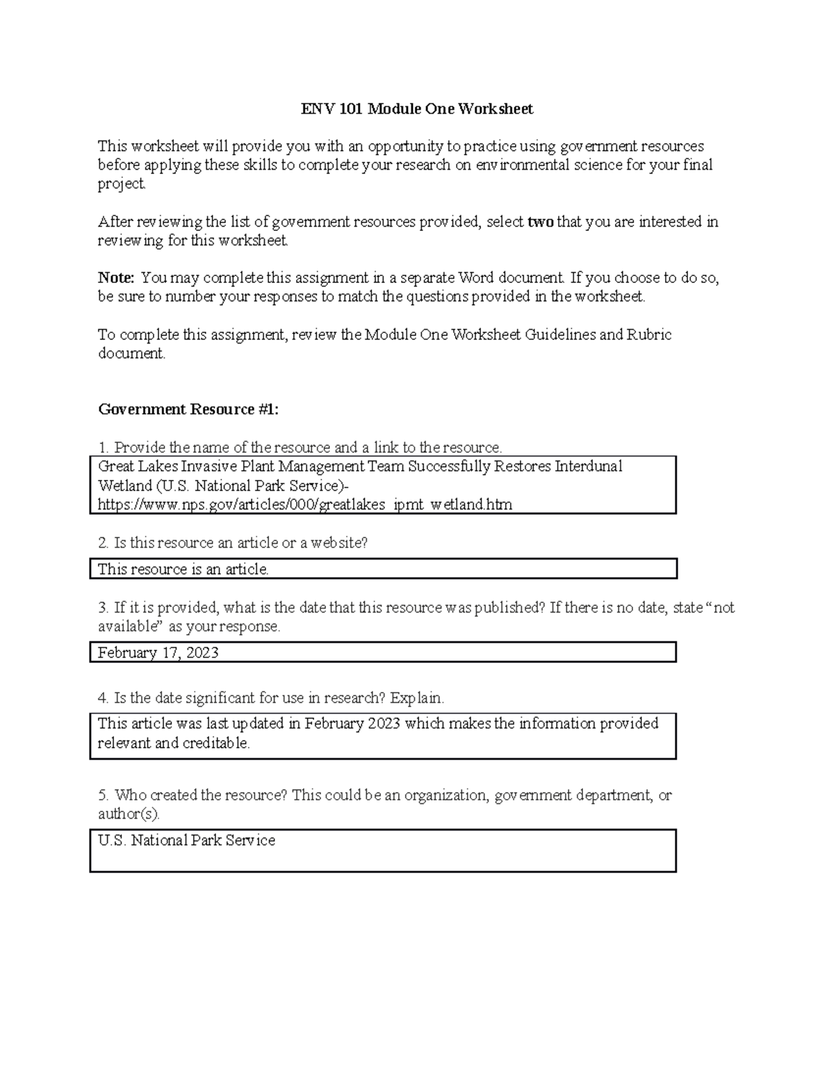 ENV 101 Module One Worksheet - ENV 101 Module One Worksheet This ...