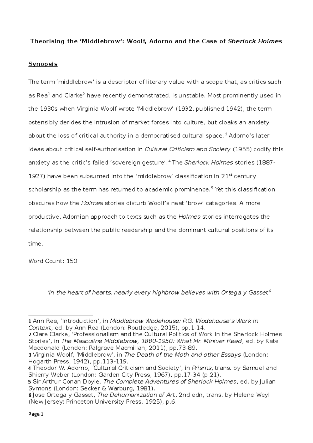 Sherlock Holmes, Adorno and the Middlebrow - Grade: 1st class ...