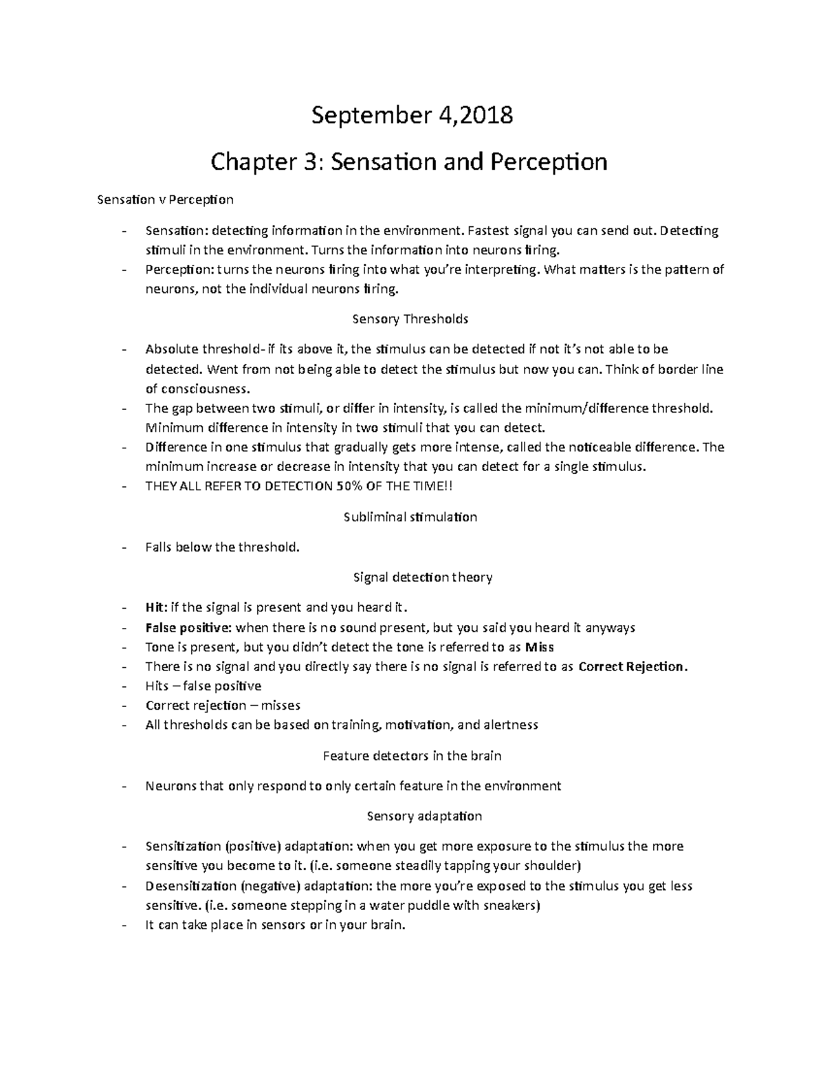 Psychology chapter 3 - September 4,2018 Chapter 3: Sensation and ...