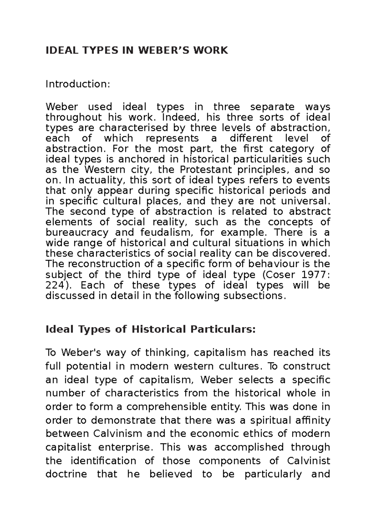 Ideal Types MAX Weber - Lecture Notes 4 - IDEAL TYPES IN WEBER’S WORK ...