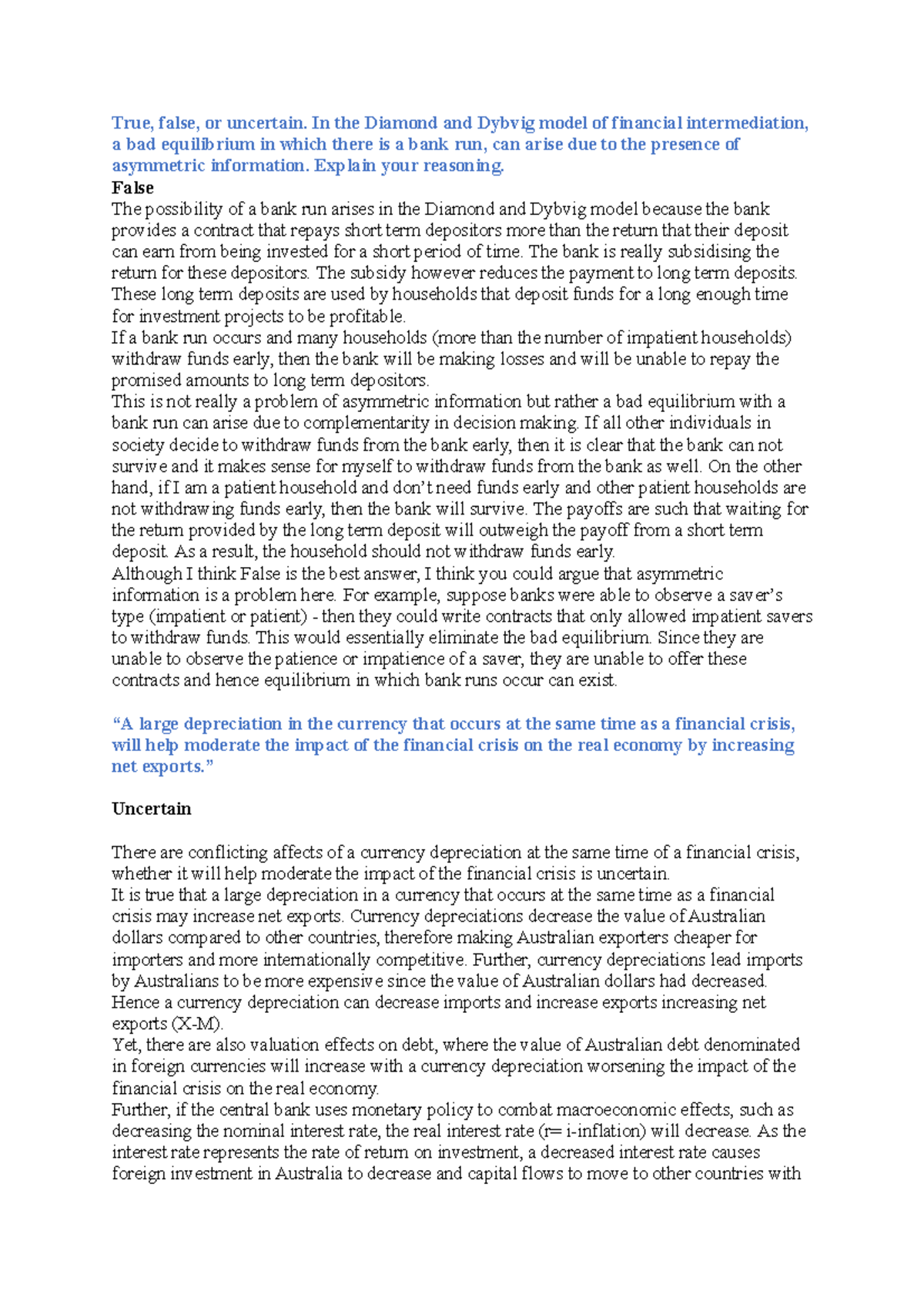 Prac Money and Banking Questions + Answers True, false, or uncertain