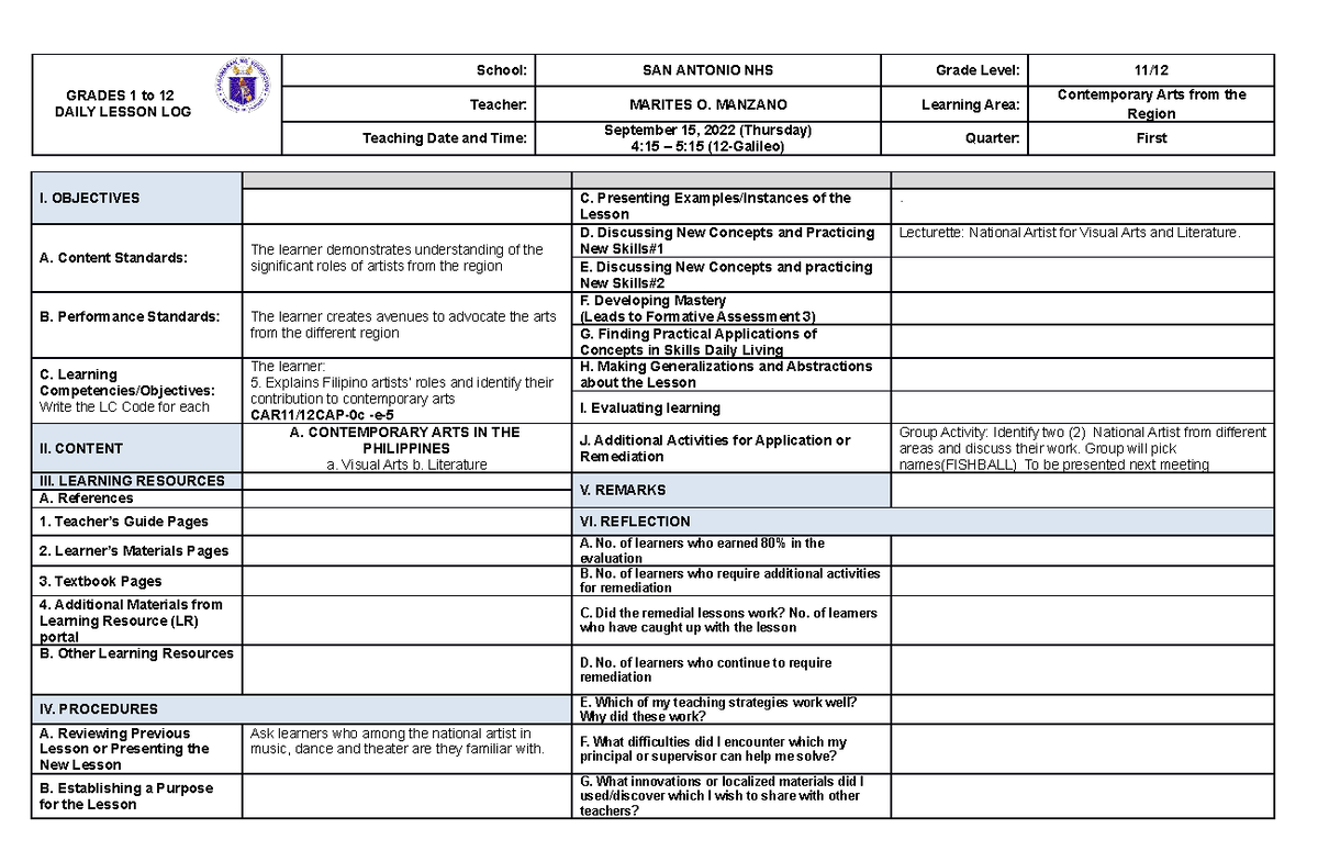 Week 3 Contemorary Arts - GRADES 1 to 12 DAILY LESSON LOG School: SAN ...